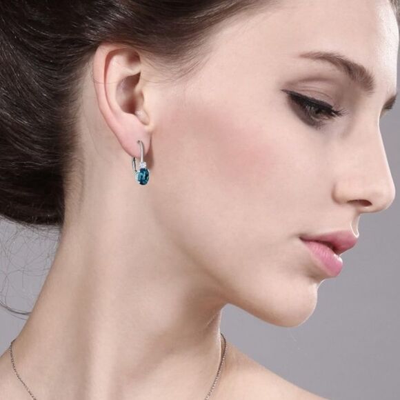 18K White Gold 1.07 Cttw Swiss Blue Topaz and Diamond Leverback Drop Earrings - Picture 4 of 5